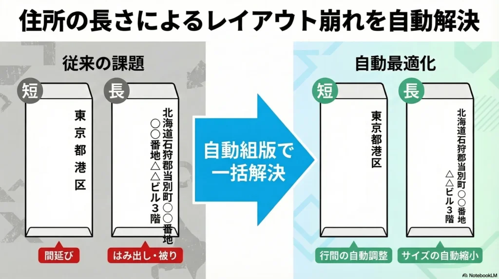 住所の長さによるレイアウト崩れを自動解決する自動組版のビフォーアフター。従来の課題では、住所が短いと間延びし、長いとはみ出しや重なりが発生していました。自動最適化では、行間の自動調整やサイズの自動縮小により、短い住所も長い住所も最適なレイアウトに自動的に調整されます。これにより、手作業での修正が不要になり、効率化が図れます。