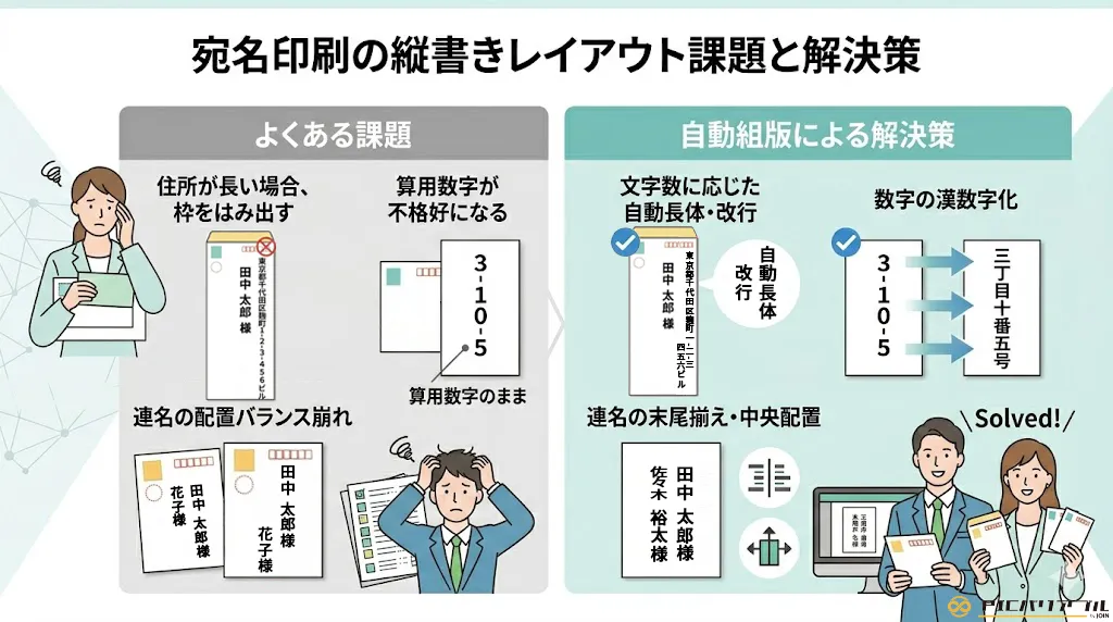 宛名印刷の縦書きレイアウトにおける「よくある課題」と「自動組版による解決策」の比較図。長い住所が枠からはみ出す課題には「文字数に応じた自動長体・改行」、不格好な算用数字には「数字の漢数字変換」、連名の配置バランス崩れには「末尾揃え・中央配置」といった解決策を提示し、自動組版システムによって手作業の負担とミスを解消できる仕組みを説明しています。