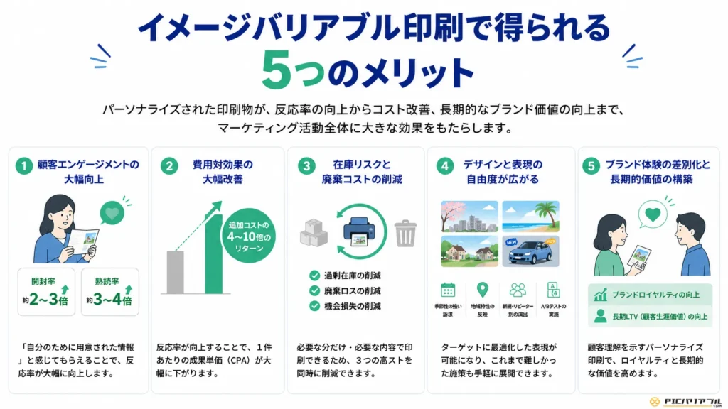 イメージバリアブル印刷で得られる5つのメリット(顧客エンゲージメント向上、費用対効果改善、在庫リスク削減、表現の自由度向上、ブランドロイヤルティ向上)を図解したインフォグラフィック