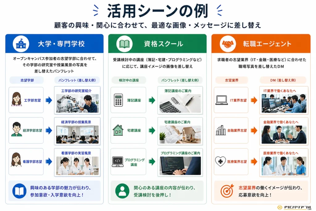 大学・専門学校、資格スクール、転職エージェントにおけるイメージバリアブル印刷の活用例を示し、志望分野や関心に応じて画像を差し替える仕組みを図解したインフォグラフィック