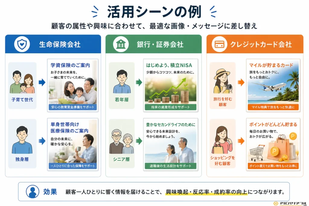 生命保険会社・銀行証券会社・クレジットカード会社におけるイメージバリアブル印刷の活用例を示し、顧客属性や興味に応じた画像差し替えの仕組みを図解したインフォグラフィック