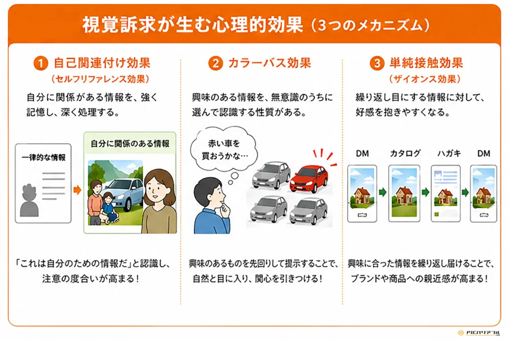 視覚訴求が生む心理的効果として、自己関連付け効果・カラーバス効果・単純接触効果の3つのメカニズムを図解したインフォグラフィック