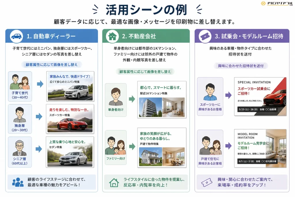 イメージバリアブル印刷の活用例として、自動車ディーラー・不動産会社・試乗会やモデルルーム招待における顧客属性に応じた画像差し替えと反応の違いを図解したインフォグラフィック