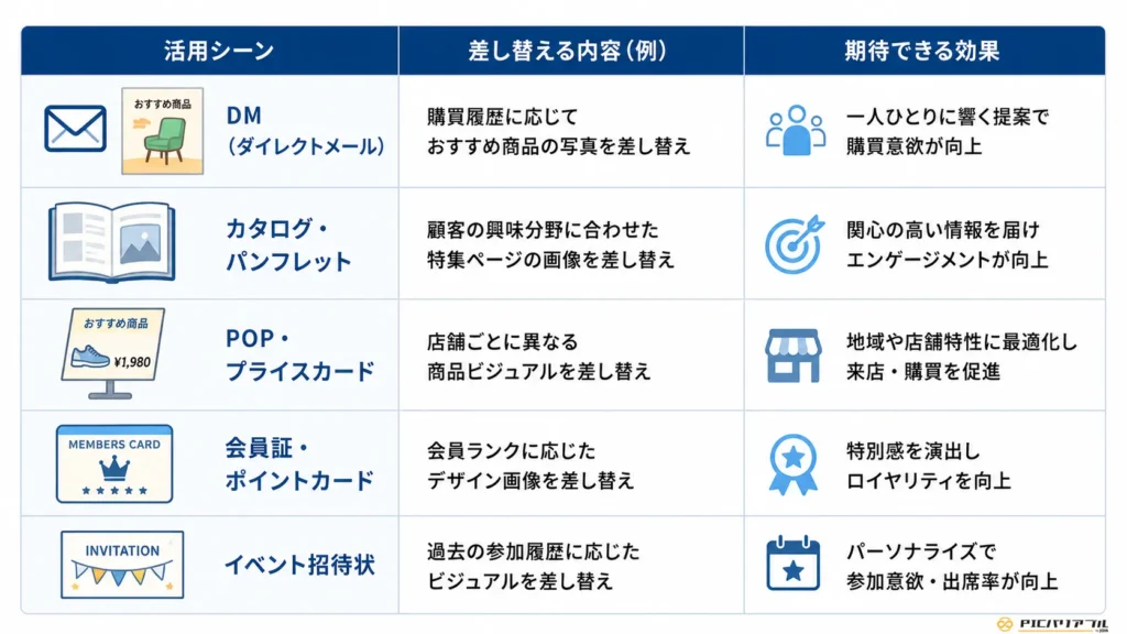 イメージバリアブル印刷の活用例を一覧化し、DM・カタログ・POP・会員証・イベント招待状ごとの画像差し替え内容と効果を表形式で示した図