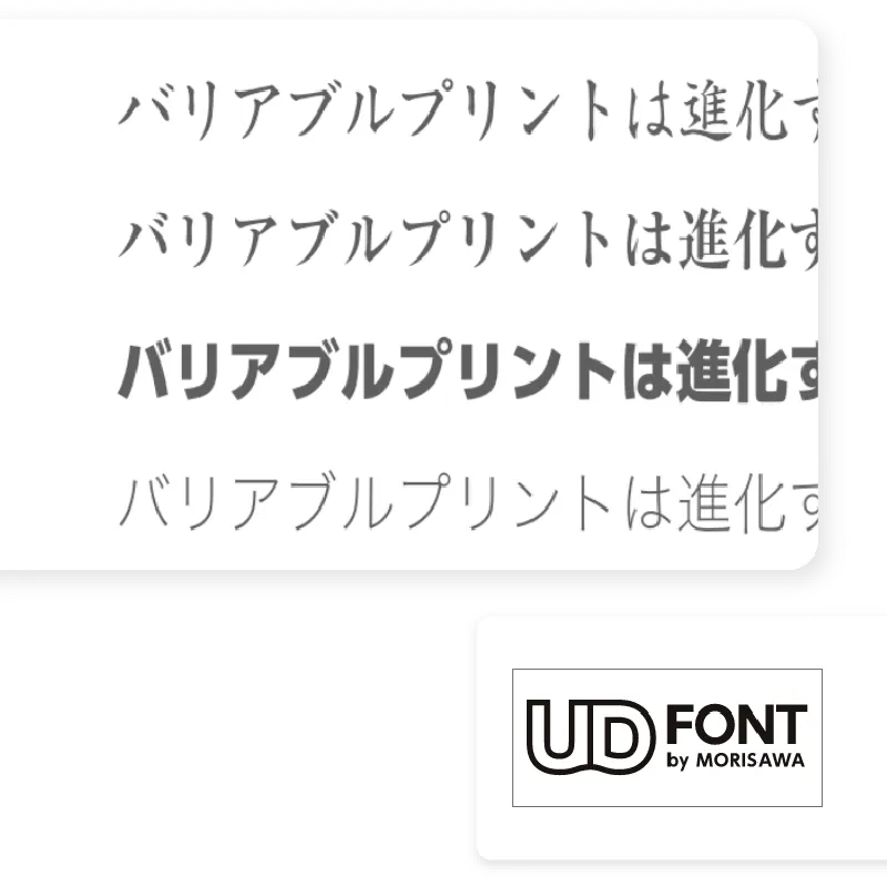 モリサワのUD（ユニバーサルデザイン）フォントのサンプル。「バリアブルプリントは進化する」というテキストの太さ違いの例。