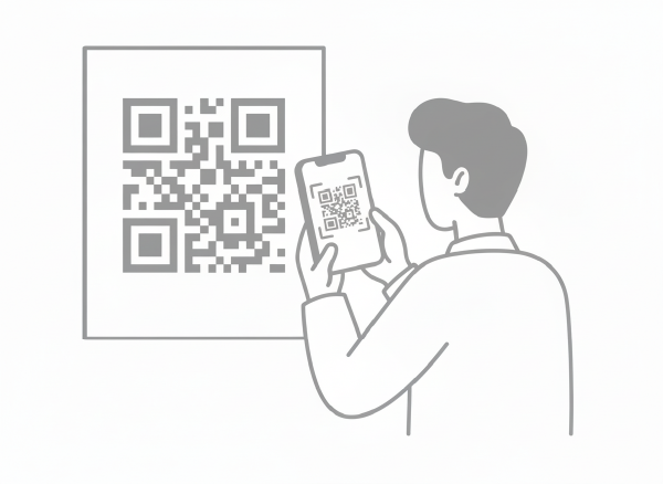 スマートフォンでDMに印字された追跡QRコードをスキャンし、個別のトラッキングサイトへアクセスするイメージ。