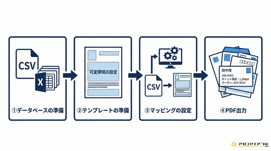 バリアブル印刷の4ステップの工程図。①データベースの準備（CSV/Excel）、②テンプレートの準備（可変領域の設定）、③マッピングの設定（データとテンプレートの紐付け）、④PDF出力（パーソナライズされたDMの完成）という一連の流れを解説したインフォグラフィック。