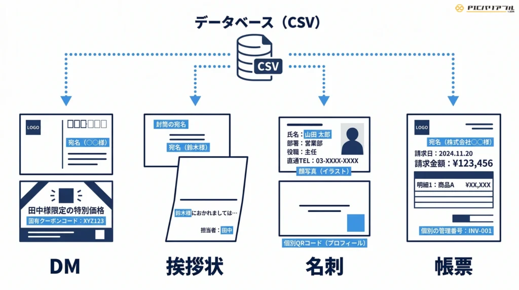 データベース（CSV）から、DM、挨拶状、名刺、帳票の4つの媒体へテキストデータが自動で流し込まれるバリアブル印刷の活用イメージ。各媒体の可変要素（宛名、クーポン、QRコード、請求金額など）がブルーで強調されたフラットデザインの図解。