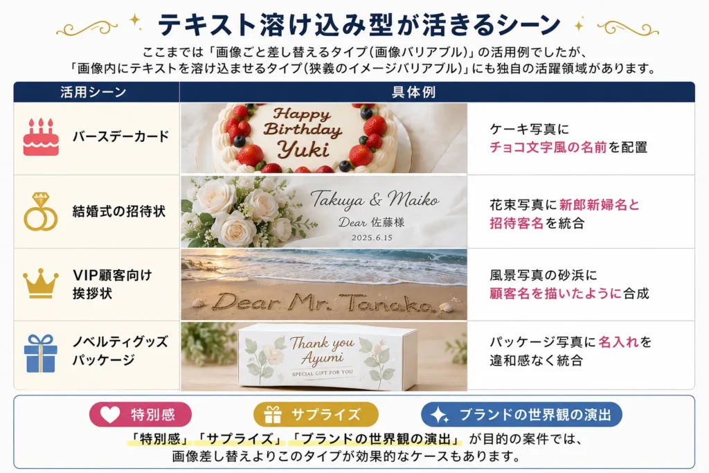 テキスト溶け込み型イメージバリアブルの活用シーンを紹介した図解。バースデーカード、結婚式招待状、VIP向け挨拶状、ノベルティグッズで、画像内に名前やメッセージを自然に合成する事例を一覧で解説。