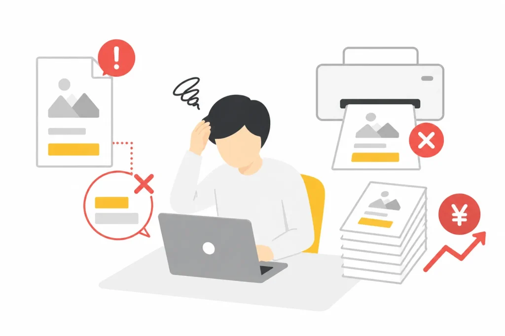 手作業による入力ミスや差し替え漏れが発生し、再印刷によるコスト増加に悩む様子を表したフラットデザインのイラスト
