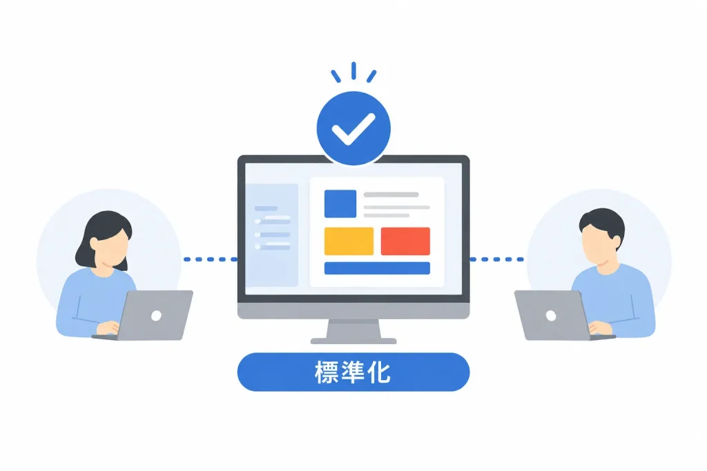 作業を標準化し、誰でも高い精度でバリアブル印刷データを作成できる様子を表したフラットデザインのイラスト