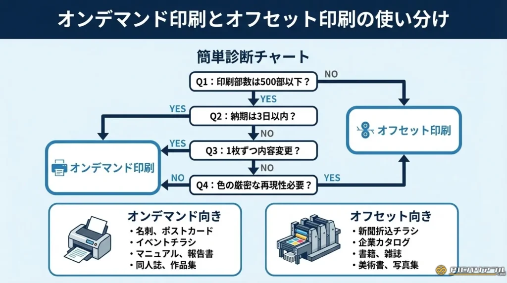 オンデマンド印刷とオフセット印刷の使い分けチャート
