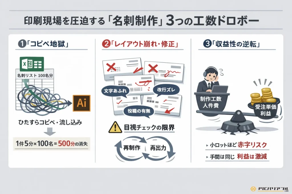 名刺印刷の効率化を阻む、手作業・レイアウト崩れ・収益性の低さという3つの課題の図解