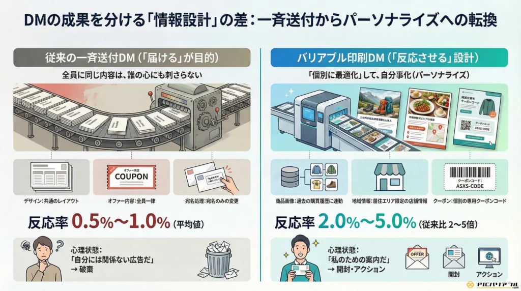 従来の一斉送付DMとバリアブル印刷DMの成果の違いを比較した図解。全員に同じ内容を送る従来型は反応率0.5％〜1.0％にとどまり「自分には関係ない」と破棄されやすい一方、個別に最適化（パーソナライズ）するバリアブル印刷DMは反応率2.0％〜5.0％と従来比2〜5倍の成果が見込めます。過去の購買履歴に連動した商品画像や、居住エリア限定の店舗情報、個別の専用クーポンコードなどを活用することで、顧客の「私のための案内だ」という心理状態と開封・アクションを促す仕組みを説明しています。