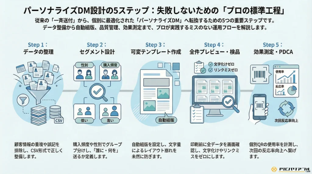パーソナライズDM設計の5ステップ（プロの標準工程）の解説図。
Step 1「データの整理」：顧客情報の重複排除とCSV整備。
Step 2「セグメント設計」：性別や購入頻度で「誰に・何を」送るか定義。
Step 3「可変テンプレート作成」：自動組版設定によるレイアウト崩れ防止。
Step 4「全件プレビュー・検品」：文字化けやリンクミスをゼロにする確認。
Step 5「効果測定・PDCA」：個別QRで使用率を計測し次回へ繋げる。
これら5つの工程を経て、ミスなく効果の高いバリアブル印刷DMを運用するフローを説明しています。