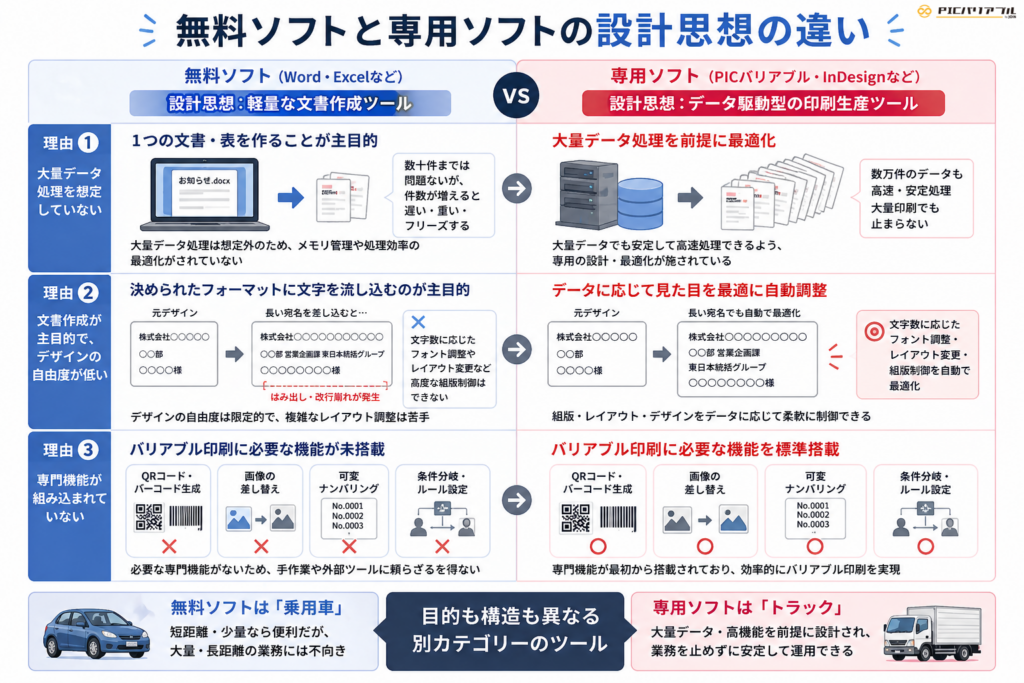 無料ソフト(Word・Excel)と専用ソフトの設計思想の違いを比較し、大量データ処理・デザイン自由度・専門機能の有無の観点からバリアブル印刷の適性を図解したインフォグラフィック