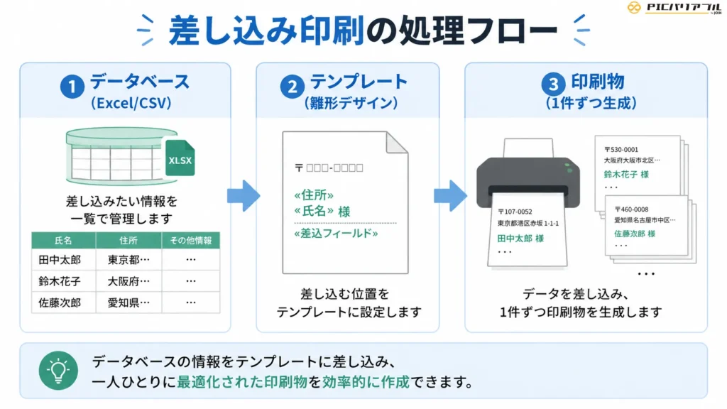 差し込み印刷の処理フローとして、データベース(Excel/CSV)・テンプレート設定・印刷物生成の3ステップを図解したインフォグラフィック