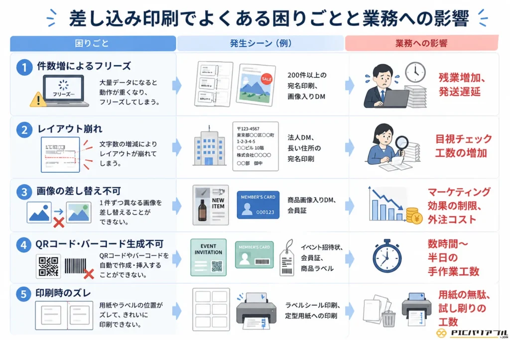 差し込み印刷で発生するフリーズやレイアウト崩れ、画像差し替え不可などの困りごとと業務への影響(残業増加や工数増大など)を整理したインフォグラフィック