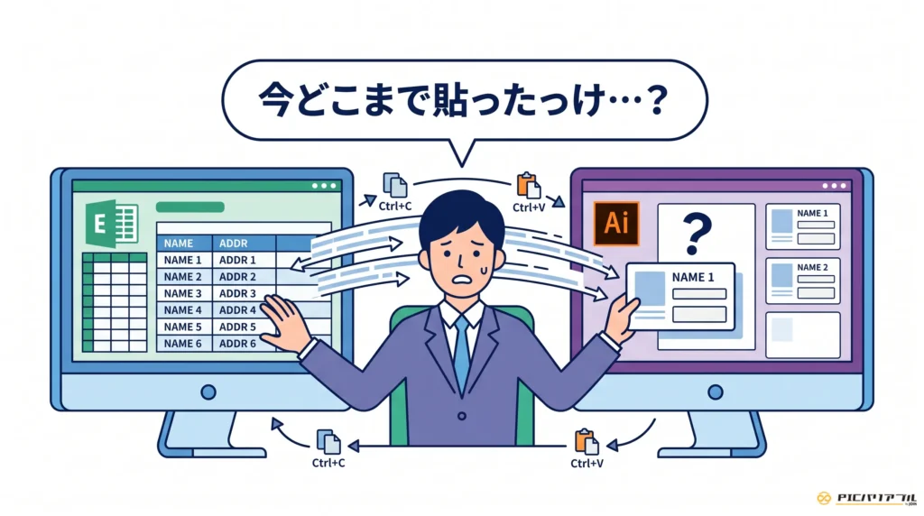 Excelの名簿データとIllustratorのレイアウト画面を見比べ、担当者がコピー&ペーストを繰り返しているイラスト。吹き出しには「今どこまで貼ったっけ…?」とある。